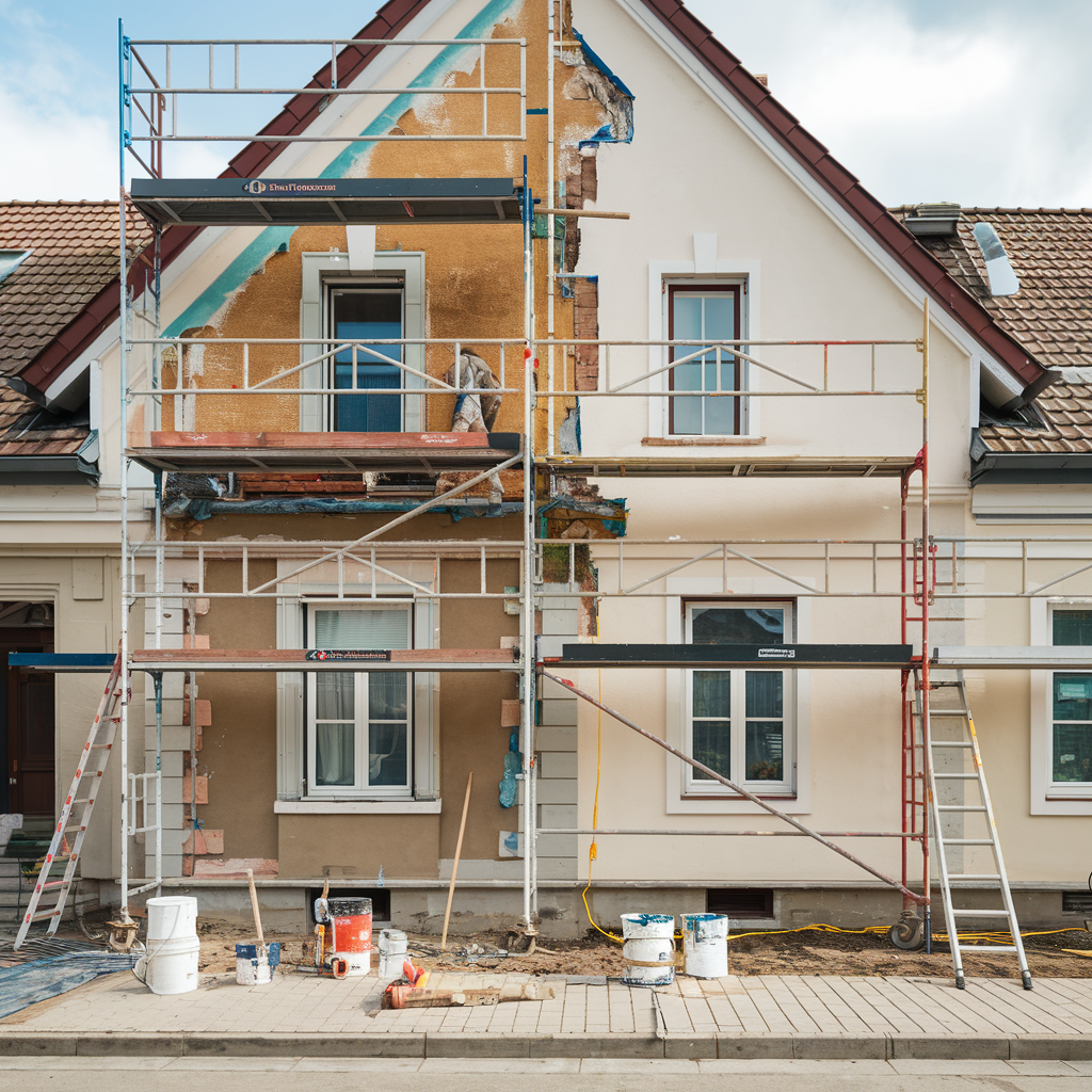 Un bâtiment en cours de rénovation de façade, avec des échafaudages installés et des ouvriers utilisant des outils de peinture et de restauration. La façade montre une combinaison de zones anciennes usées et de surfaces fraîchement repeintes, mettant en évidence le processus de transformation.