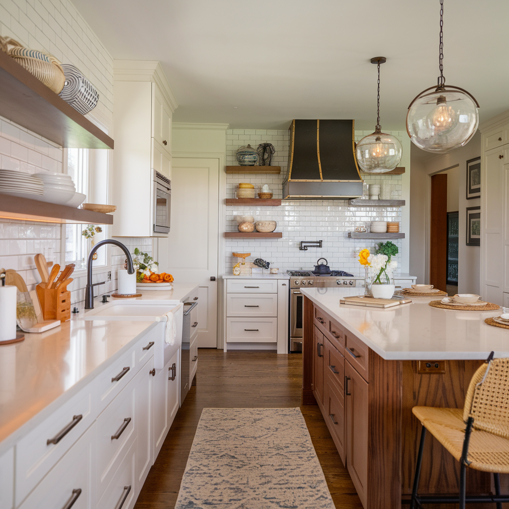 Une cuisine moderne avec des plans de travail en marbre, des armoires blanches épurées, un îlot central avec des tabourets en bois, et des luminaires suspendus créant une ambiance chaleureuse.