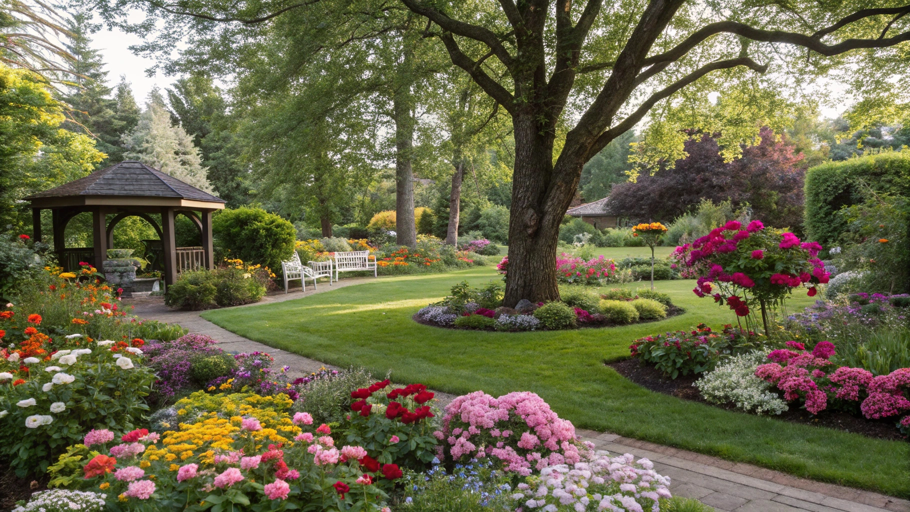 Veuillez créer une image détaillée et réaliste représentant un aménagement élégant de jardin. Le jardin doit comporter divers arrangements floraux, incluant à la fois des arbustes et des plantes à fleurs. Il doit également inclure du mobilier d'extérieur chic, tel qu'un coin salon en fer forgé et une pergola en bois. Ajoutez des éléments comme un chemin en pierre, une petite fontaine et un éclairage extérieur subtil pour créer un environnement tranquille et accueillant. L'image doit capturer l'essence d'un jardin paisible en début de soirée, avec un éclairage doux projetant de belles ombres et lumières à travers la scène.