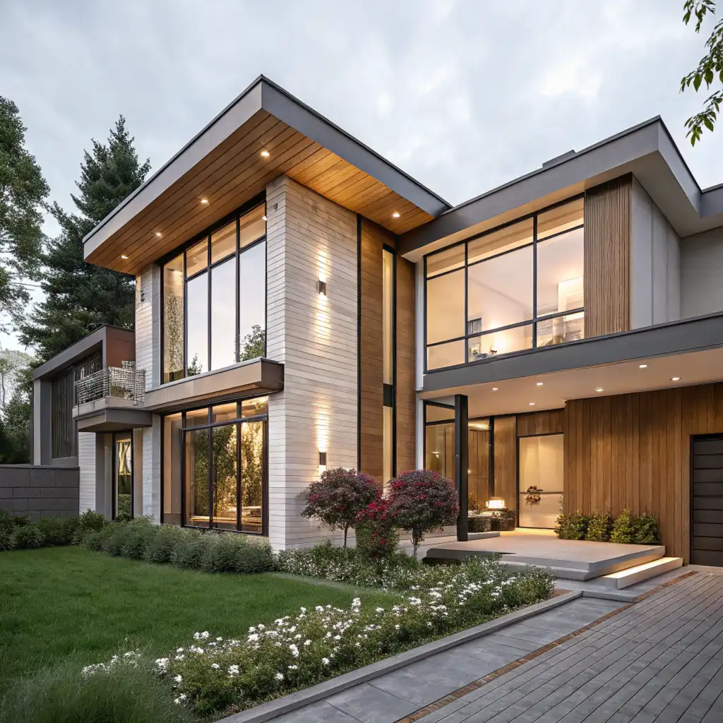 Une belle façade de maison moderne avec de grandes fenêtres et une porte d'entrée élégante, entourée de verdure et d'un jardin soigné.