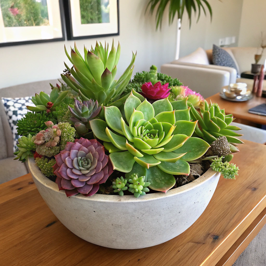 Des plantes grasses disposées dans des pots décoratifs sur une étagère en bois, avec des feuilles charnues et des teintes allant du vert au rouge. L'éclairage doux met en valeur leur forme unique, créant une atmosphère calme et moderne dans un espace intérieur.