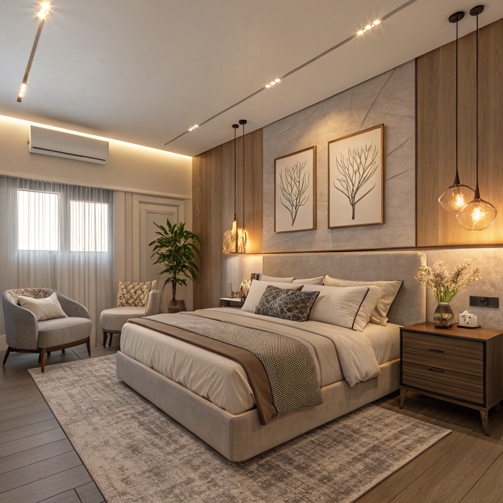 Modern bedroom with minimalist decor, featuring a comfortable bed, neutral tones, ambient lighting, plants, cushions, and wall art, creating a cozy and peaceful atmosphere.