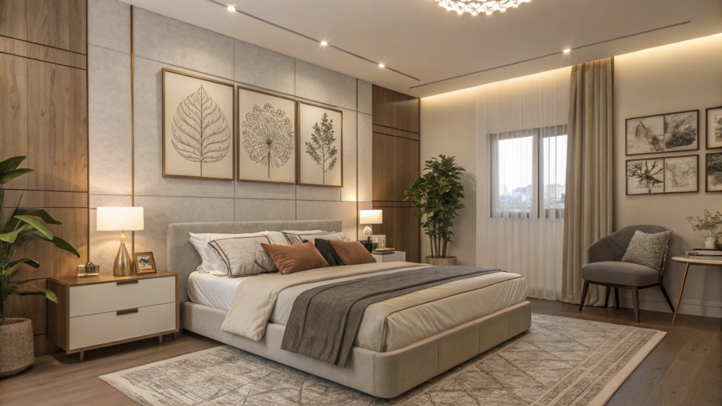 Minimalist bedroom with neutral tones, comfortable bed, soft lighting, plants, cushions, and wall art, creating a peaceful and cozy atmosphere.