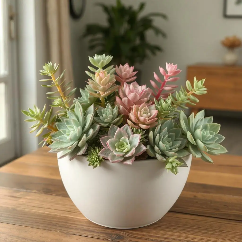 Une variété de plantes succulentes placées dans un pot moderne, avec des feuilles vertes vibrantes et des touches de couleurs roses et violettes. La lumière naturelle accentue les textures des plantes, créant une ambiance apaisante et esthétique dans un cadre intérieur minimaliste.