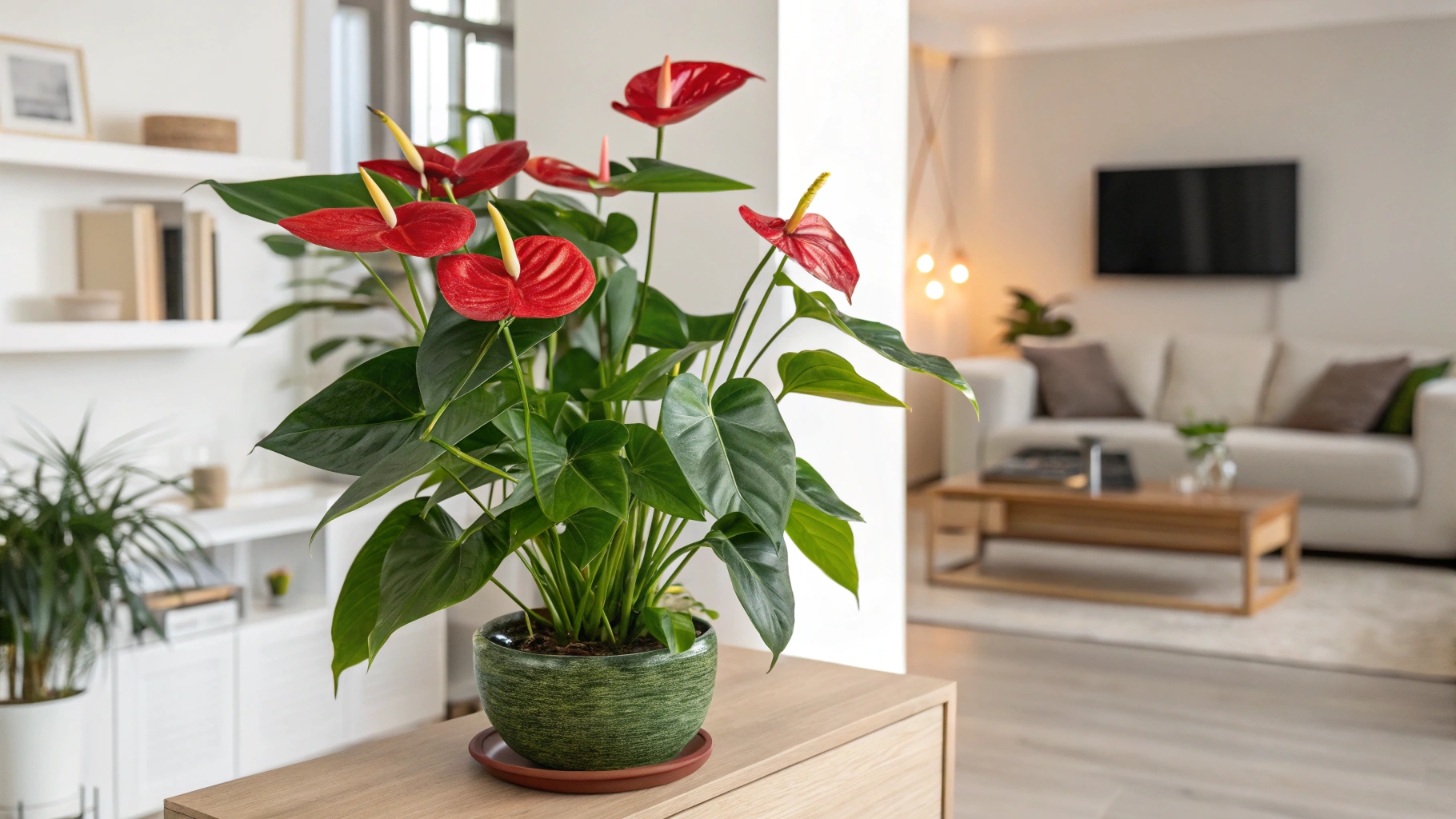 Un anthurium en pleine floraison avec des bractées rouges vives et des feuilles vertes brillantes.