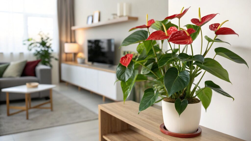 Un anthurium avec ses fleurs rouges brillantes en forme de cœur et ses feuilles vertes luxuriantes.