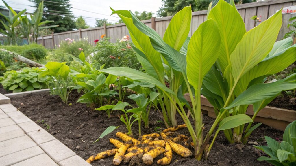 Plante de curcuma avec des feuilles larges et une fleur colorée.