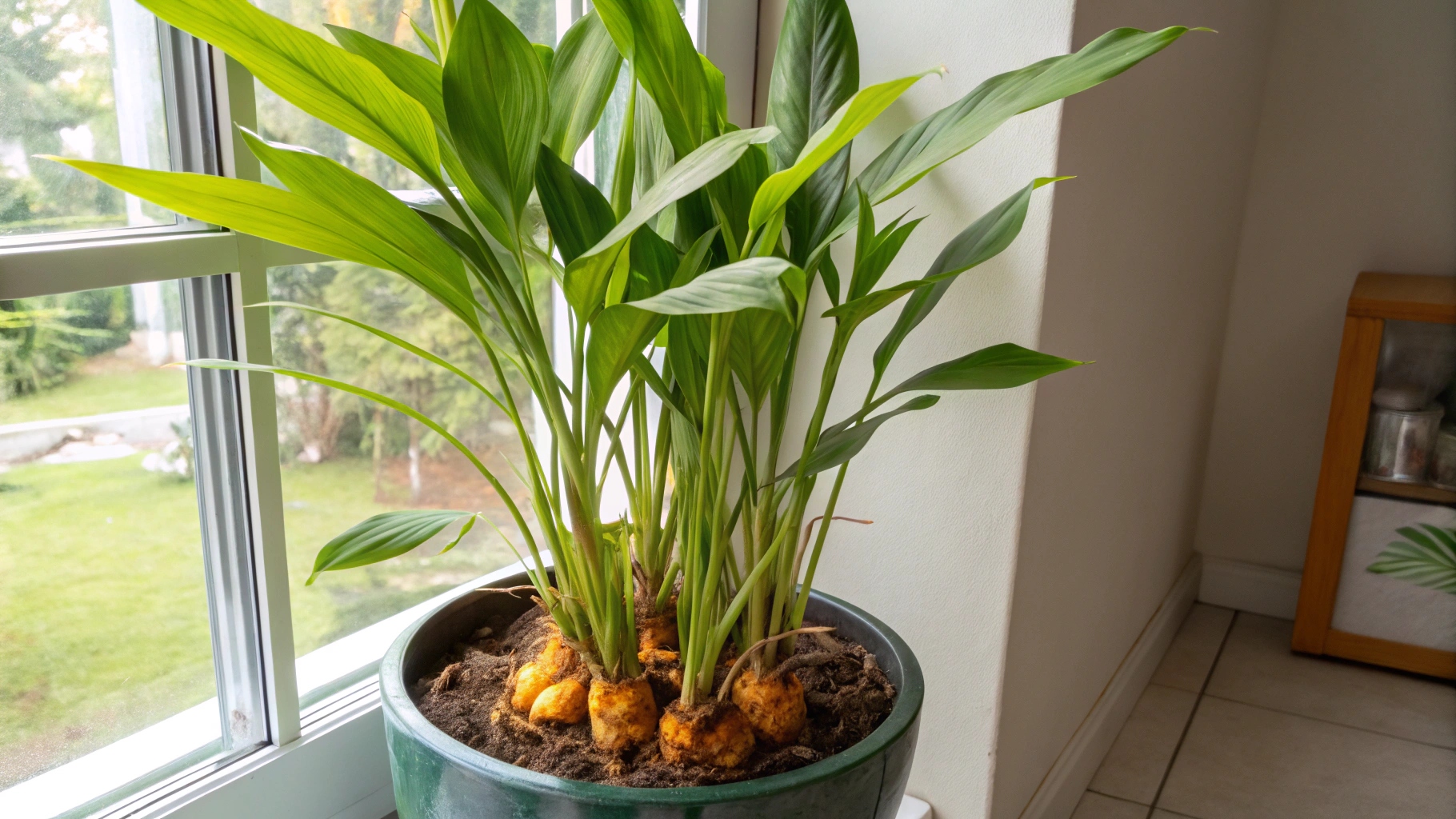 Racines de curcuma fraîches avec des tiges et des feuilles vertes.