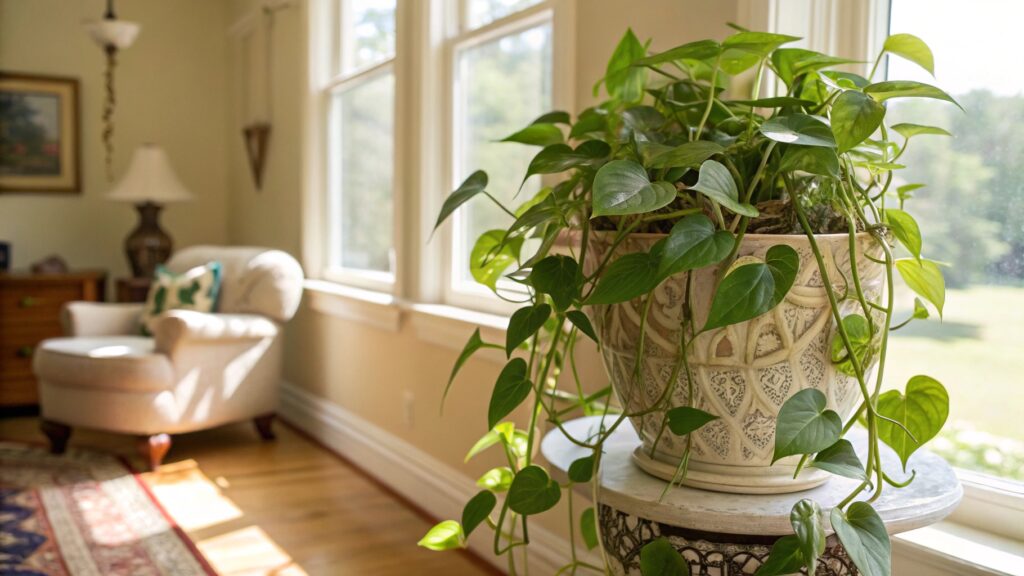 Un pothos avec des feuilles en forme de cœur, vertes et marbrées de blanc ou de jaune.