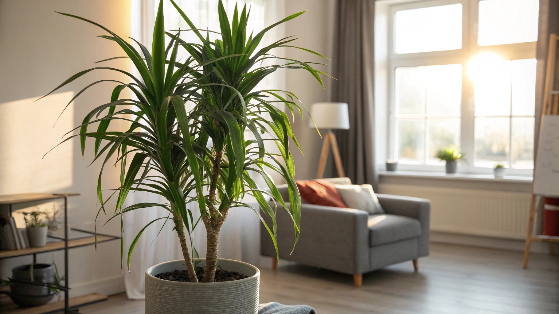 Gros plan sur les feuilles de dracaena, montrant leurs lignes longues et colorées avec des nuances de vert, rouge et jaune.