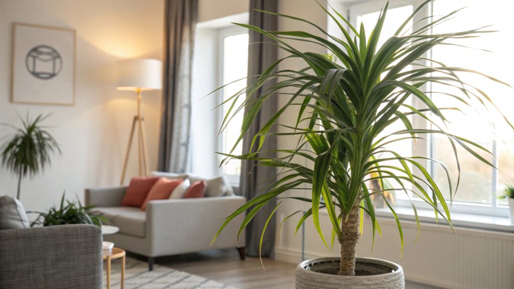 Une dracaena avec des feuilles longues et étroites, vertes avec des bordures rouges ou jaunes.