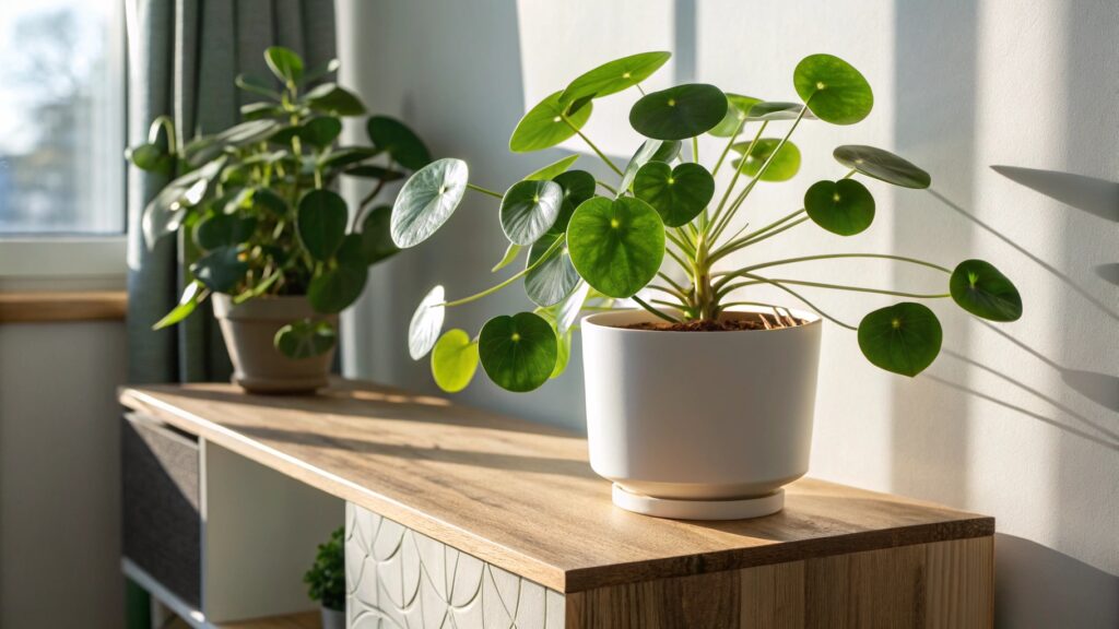 Une pilea avec des feuilles rondes et vertes, disposées harmonieusement sur des tiges fines.