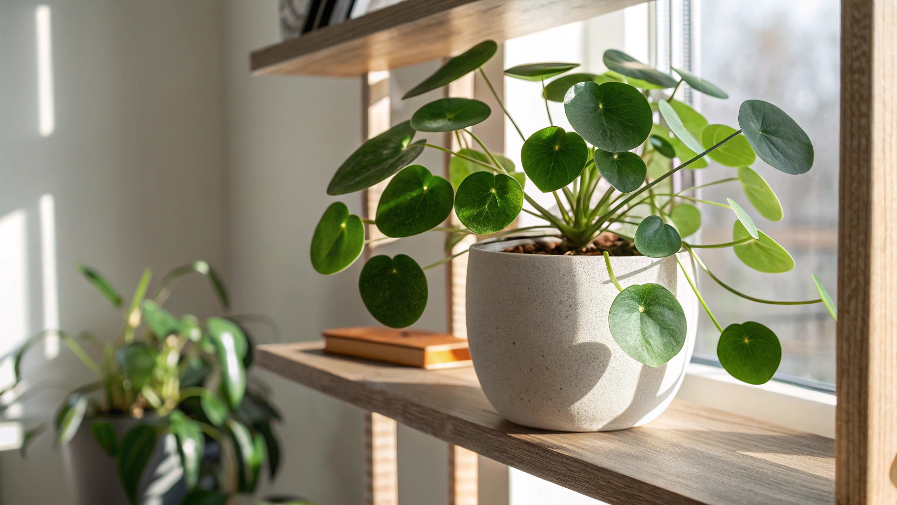 Gros plan sur une pilea en pot, montrant ses feuilles rondes et brillantes disposées sur des tiges délicates.