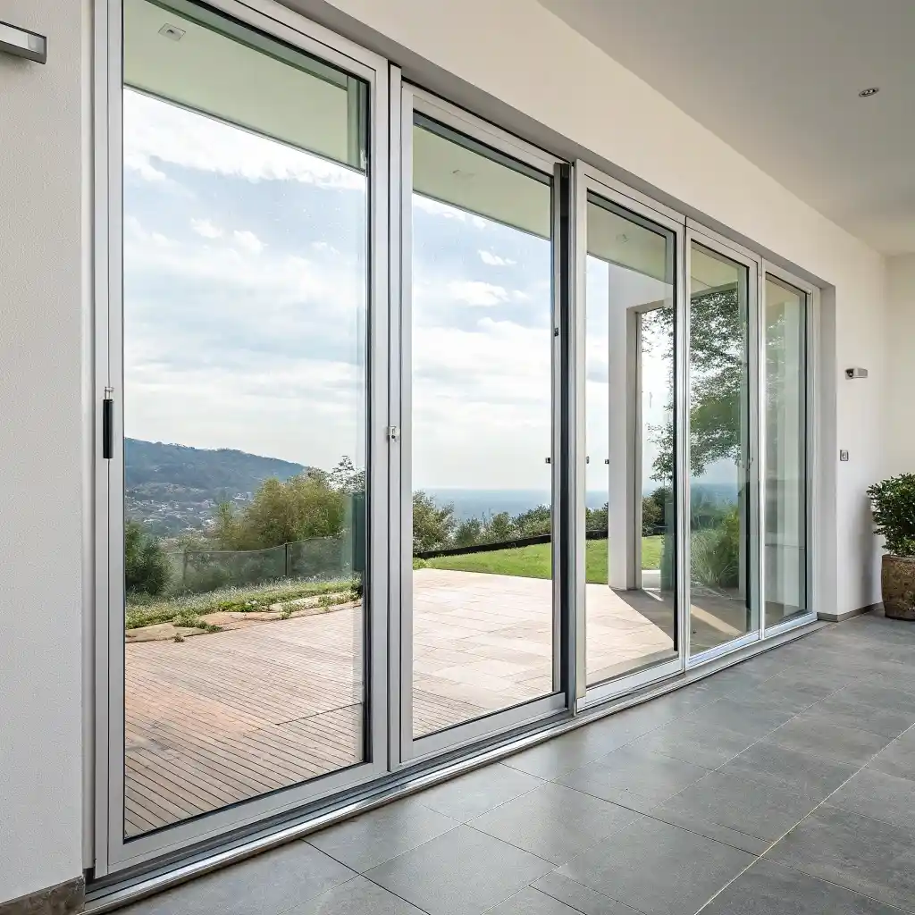 Porte-fenêtre vitrée en aluminium donnant sur un balcon avec vue panoramique sur la mer.