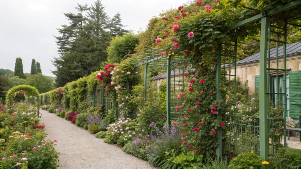 Plantes grimpantes recouvrant une pergola en bois, apportant une touche de verdure.