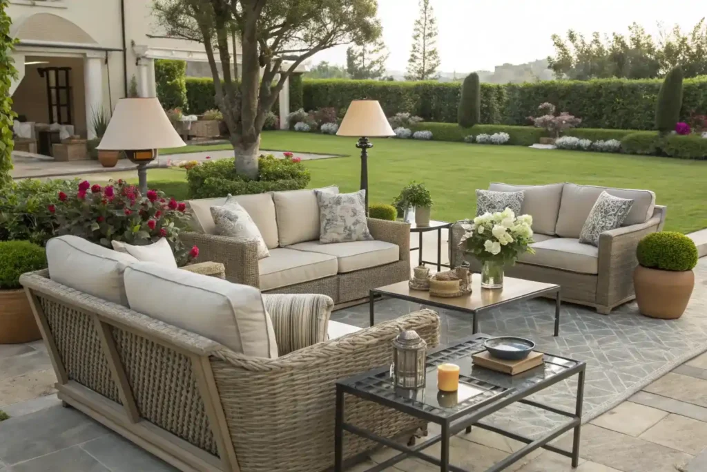 A stylish outdoor garden lounge set featuring comfortable seating, a coffee table, and decorative cushions, surrounded by lush greenery and vibrant flowers, creating a serene and inviting atmosphere.