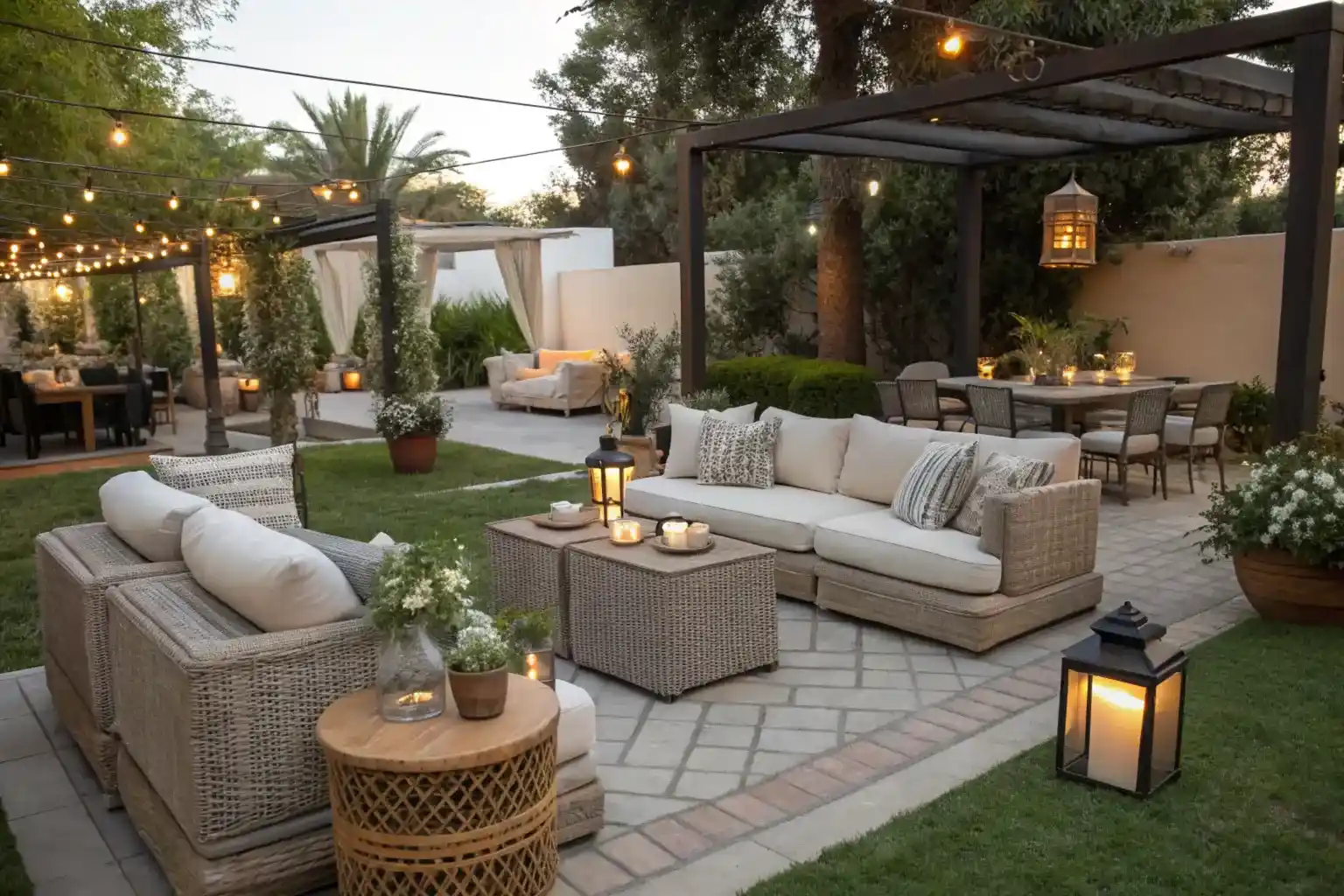 An elegant outdoor garden lounge set, with modern, comfortable seating arranged around a coffee table adorned with decorative cushions, in a lush garden filled with vibrant flowers and greenery, offering a relaxing and cozy space for outdoor gatherings.