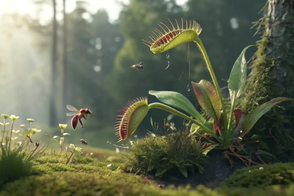 Une plante carnivore en pleine action, fermant ses pièges sur une mouche, montrant les feuilles spécialisées qui capturent des proies.