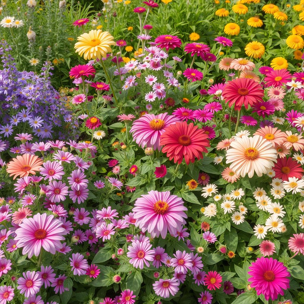 Massif de plantes vivaces aux fleurs variées dans un jardin bien entretenu.