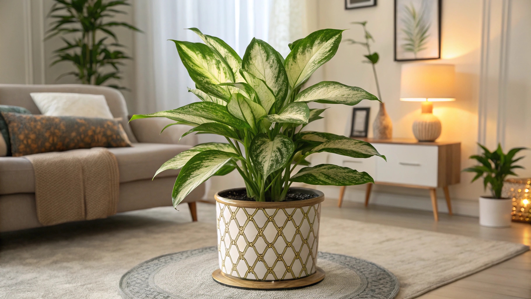 Une dieffenbachia en pot, avec ses grandes feuilles vertes marbrées de blanc.