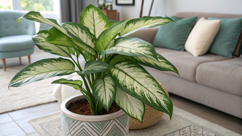 Gros plan sur les feuilles d’une dieffenbachia, avec des motifs verts et crème spectaculaires.