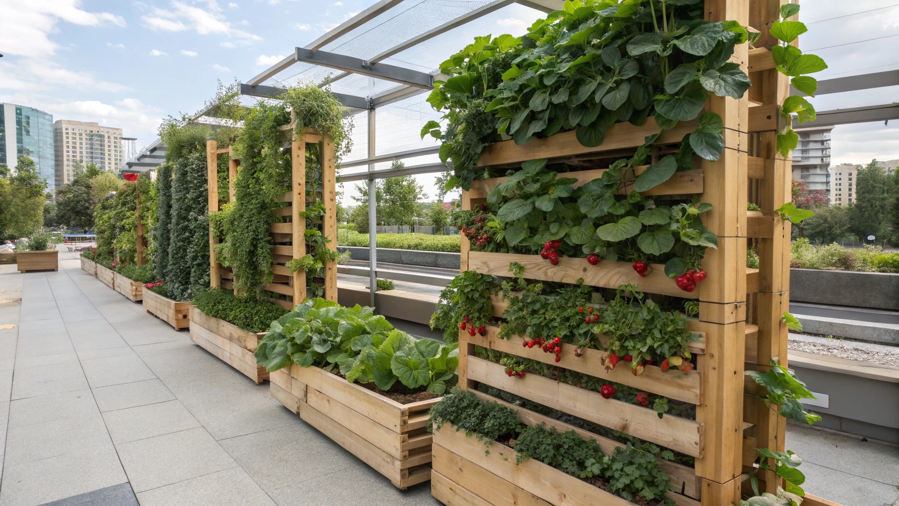 Un potager vertical moderne avec des rangées de plantes luxuriantes poussant sur une structure murale.