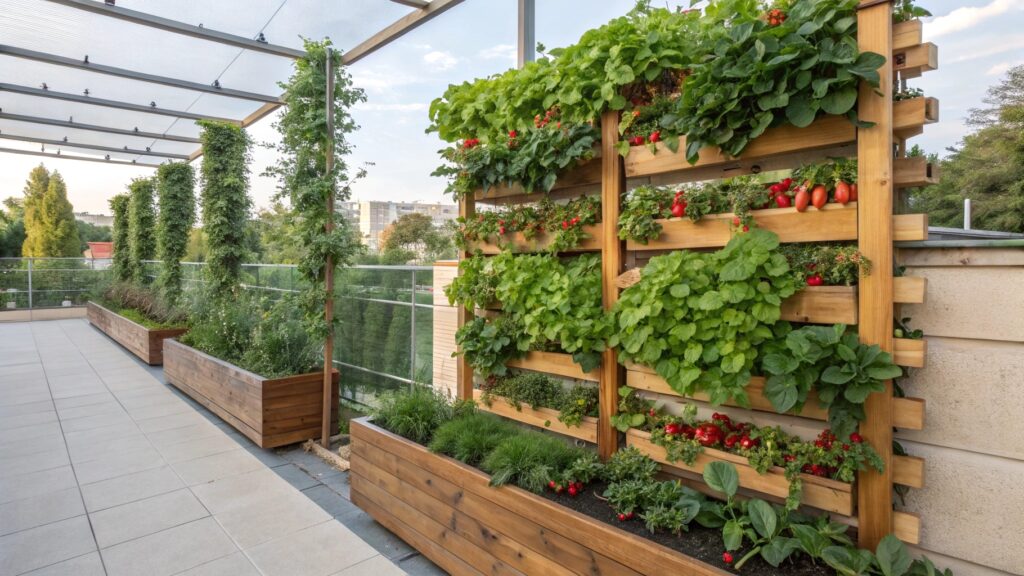 Un potager vertical avec plusieurs niveaux de plantations verdoyantes, optimisant l’espace.