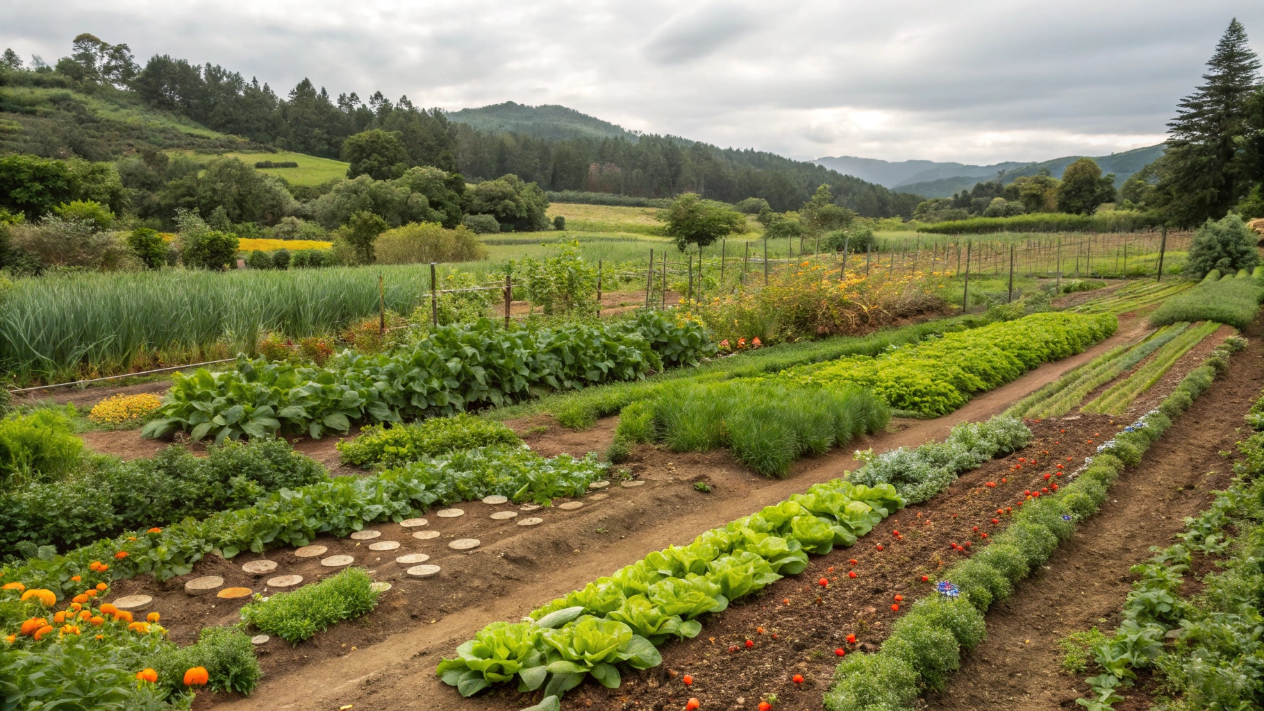 Une ferme en agriculture naturelle avec des cultures abondantes et diversifiées, cultivées sans produits chimiques.