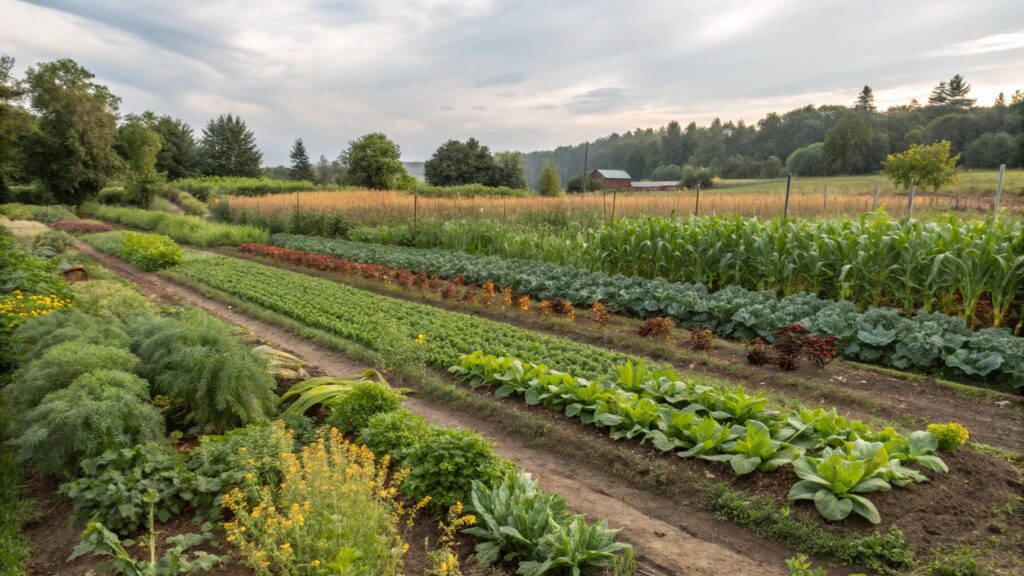 Champs d'agriculture naturelle avec des plantes cultivées sans produits chimiques ni traitements artificiels.