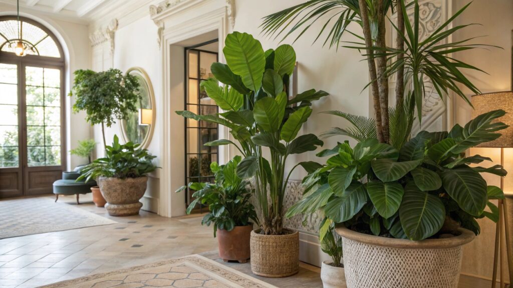 De Grandes Plantes d'Intérieur : Secrets Incontournables pour un Espace Sublime luxuriantes, placées dans un salon moderne et lumineux.