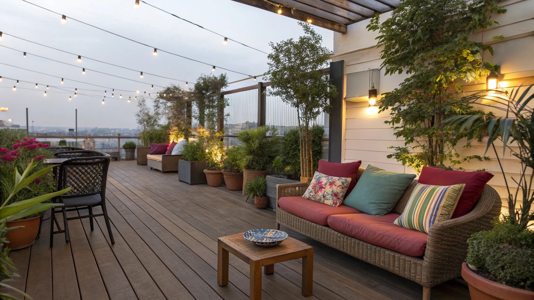 décoration terrasse extérieure élégamment décorée avec des chaises confortables, des plantes en pots et un éclairage doux.