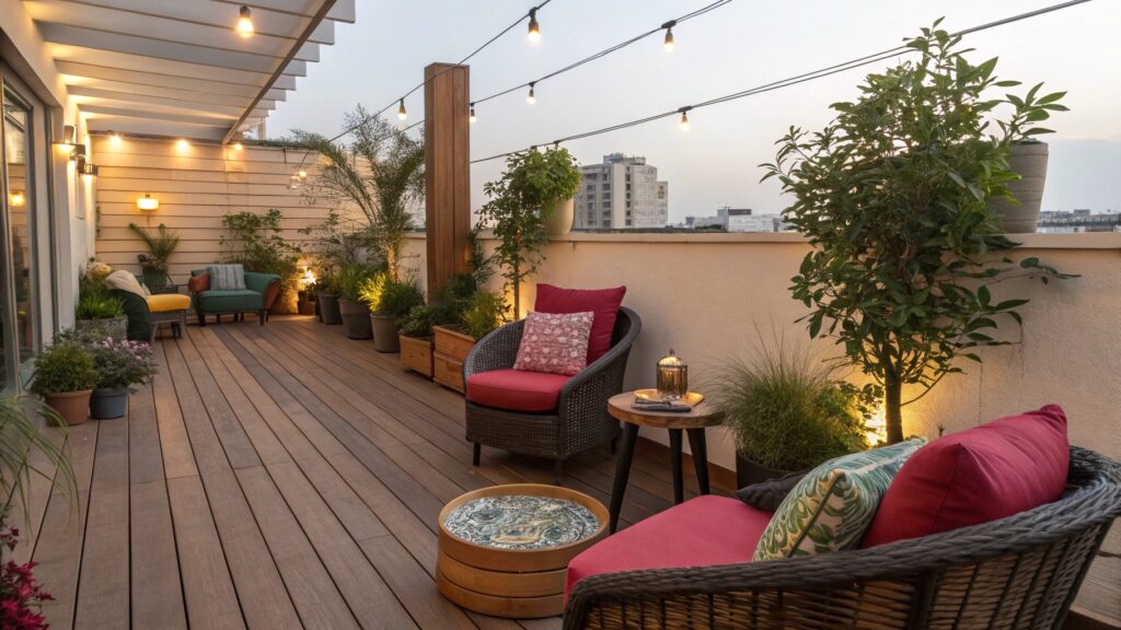 Terrasse extérieure décorée avec des plantes, des meubles modernes et des éléments de décoration chaleureux.Décoration Terrasse Extérieure