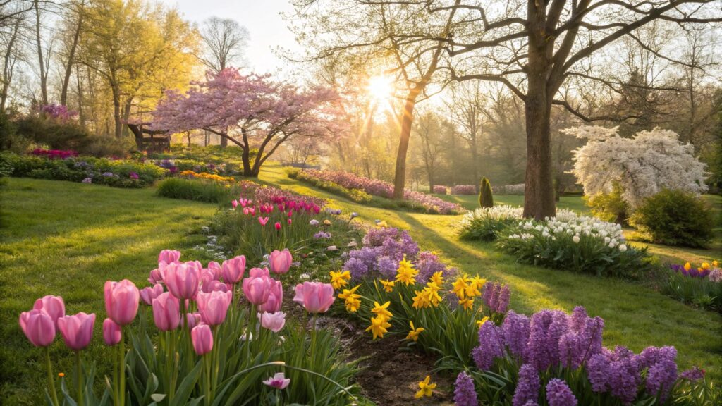 Un jardin de fleurs de printemps avec des tulipes, des violettes et des marguerites en pleine floraison.