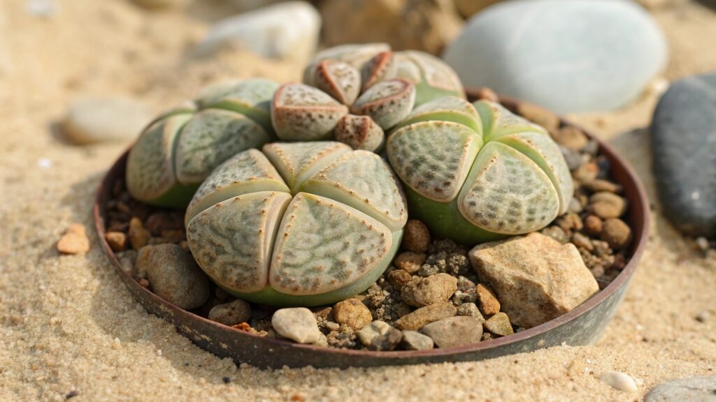 Un ensemble de Lithops aux formes et couleurs variées, imitant des pierres naturelles sur un substrat sableux.