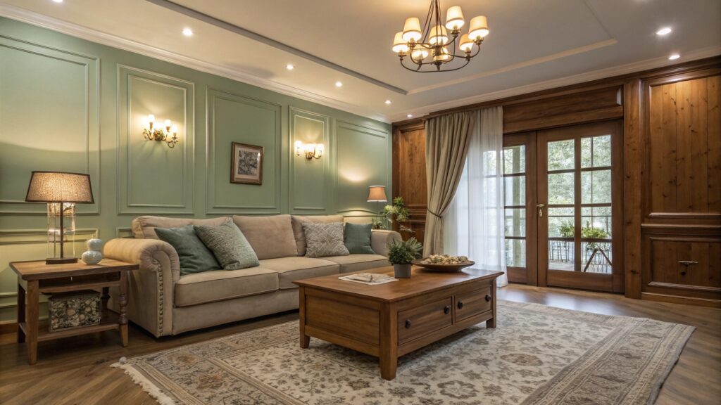 Un salon spacieux et lumineux avec un aménagement moderne, des meubles fonctionnels et des accents de couleur.aménagement intérieure maison