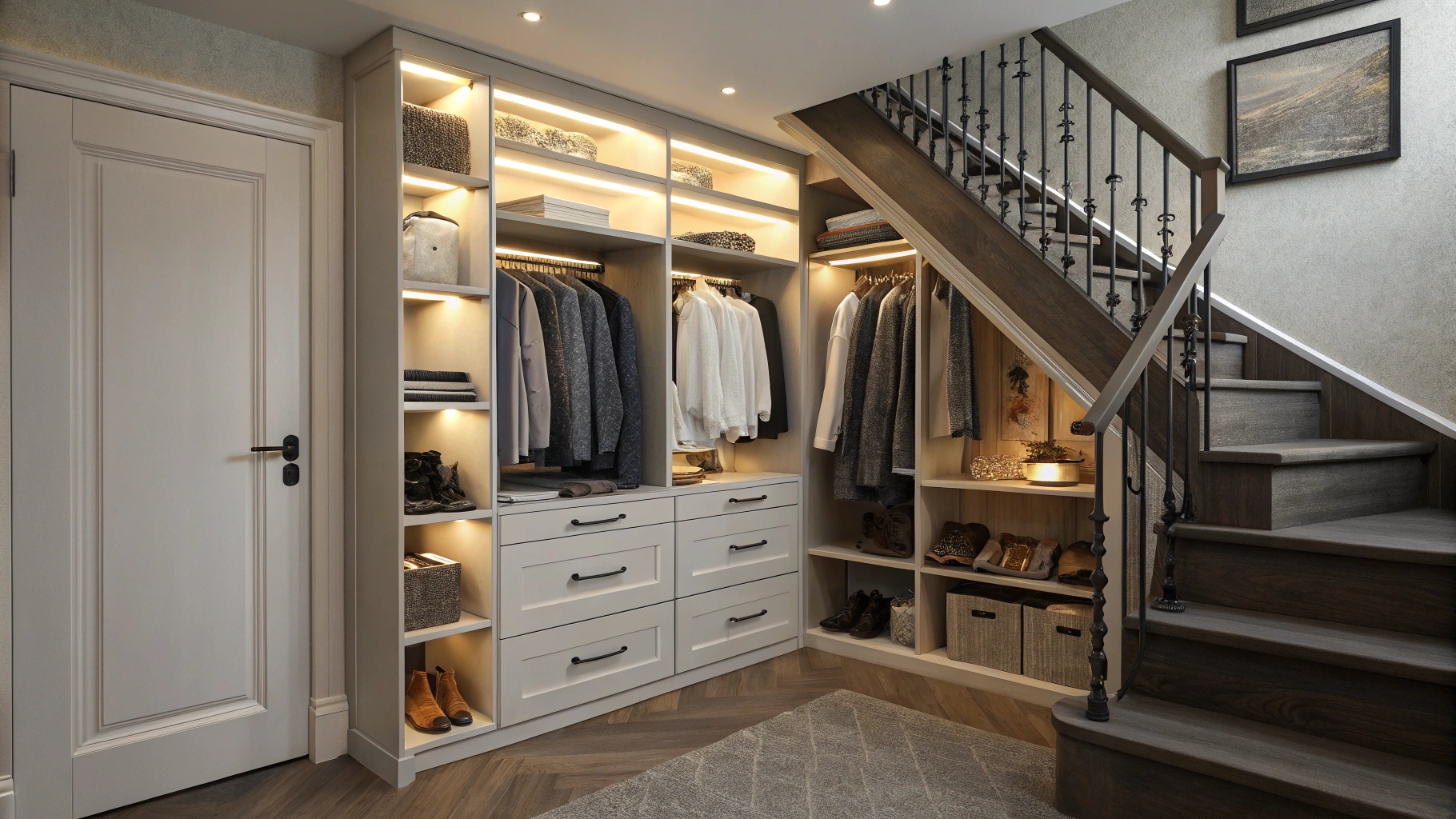 Un dressing ouvert dans une chambre, avec un rideau en lin pour une séparation élégante.Idée Dressing