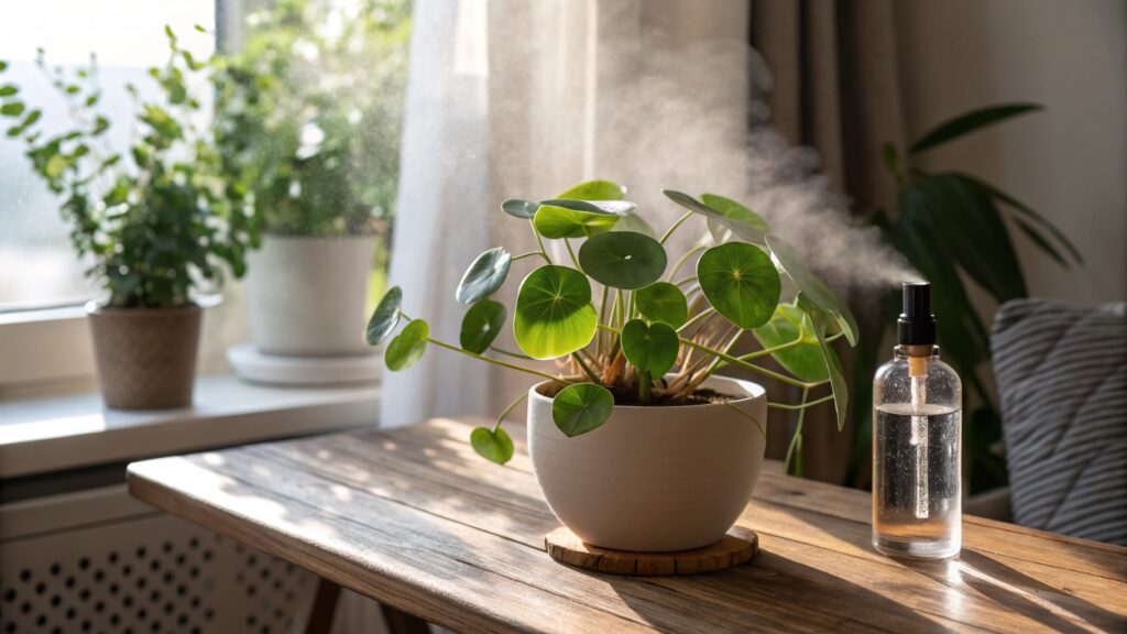 Un Pilea en pot avec des feuilles vertes rondes, placé sur une étagère lumineuse.